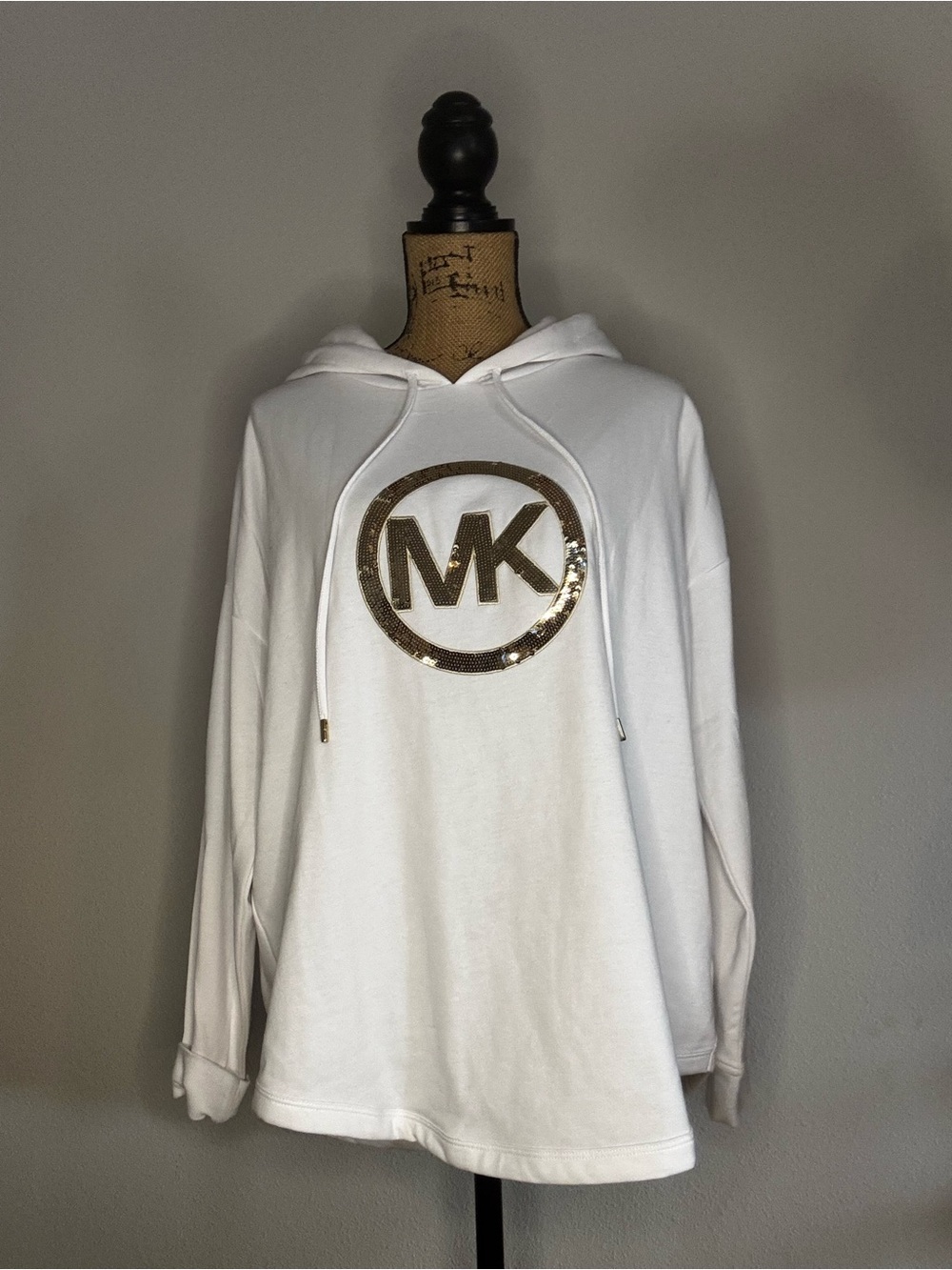 Michael Kors White Hoodie with Gold MK Logo Sequin